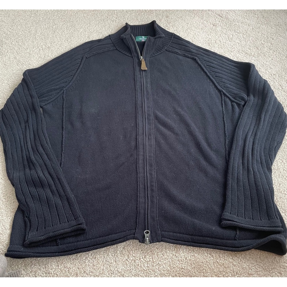 Greenfield England Mens Large Full Zip Cotton Cardigan Sweater Black Ribbed Knit